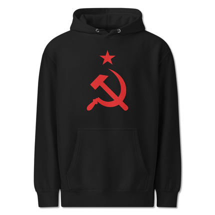 Red socialist hoodie featuring hammer and sickle and red star graphic print.