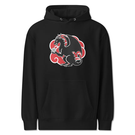 Chinese dragon and red cloud graphic printed on a unisex pullover fleece hoodie.
