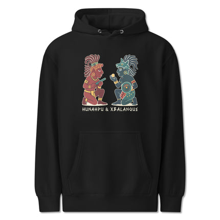 Hunahpu & Xbalanque Maya Hero Twins graphic print on a pullover hoodie featuring Mayan mythology art.