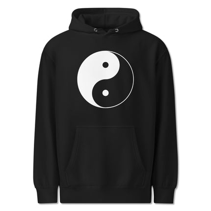 Yin Yang Zen symbol graphic print hoodie showing cosmic balance and harmony.