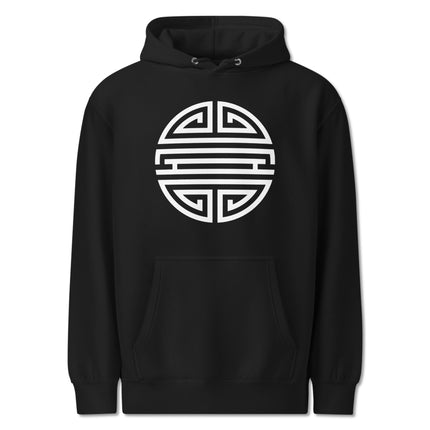 Graphic pullover fleece featuring a traditional Chinese Shou Longevity symbol print.