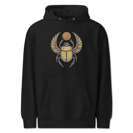 Khepri scarab beetle hoodie featuring Egyptian mythology sun god graphic print on fleece pullover.