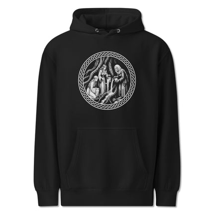 Norns and Yggdrasil Norse mythology fate weavers hoodie print design.