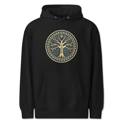 Norse Yggdrasil tree print in gold and teal colors on a cozy unisex pullover fleece hoodie.