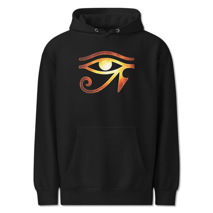 Eye of Ra sun god graphic hoodie featuring ancient Egyptian fiery design print on fleece pullover.