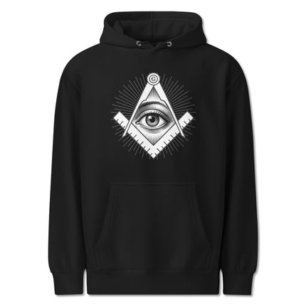 All-Seeing Eye, Square, and Compass symbol pullover hoodie with esoteric symbolism design.