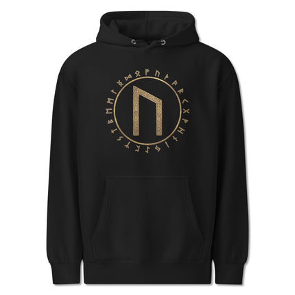 Gold Viking pullover hoodie featuring the Uruz Rune and Elder Futhark Norse mythology symbols.