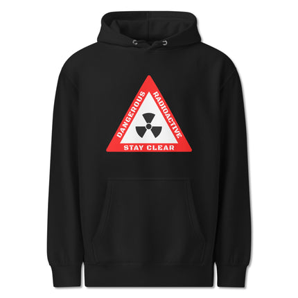 Black pullover hoodie featuring a dangerous radioactive hazard warning symbol design.