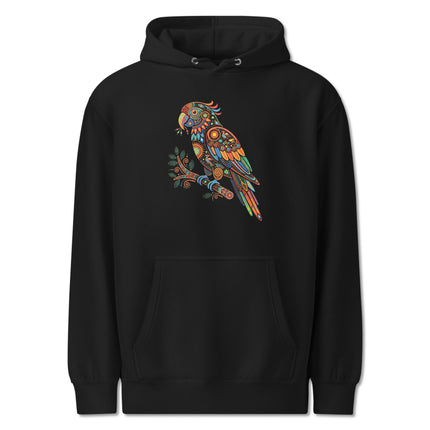 Mandala bird design hoodie featuring vibrant Huichol parrot spirit animal art.