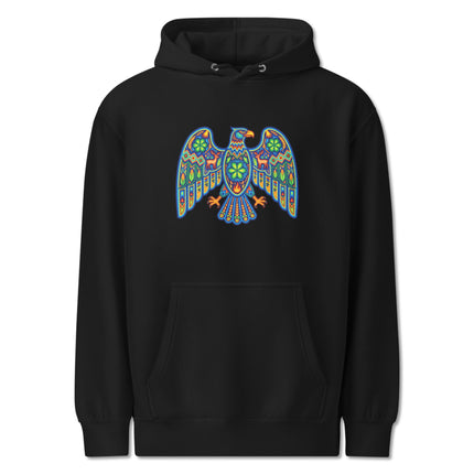 Vibrant Huichol eagle design pullover hoodie featuring colorful Indigenous Mexican artwork print.