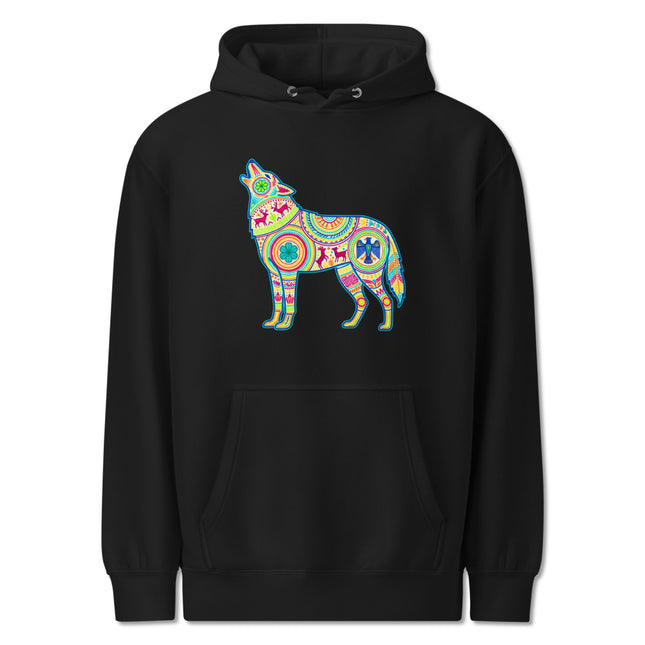 Vibrant Huichol Wolf Graphic Hoodie | Mexican Folk Art Pattern Pullover Hoodie