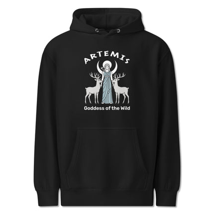 Artemis Goddess of the Wild pullover hoodie featuring celestial moon and deer mythology art.