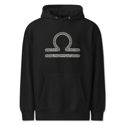 Libra zodiac scales symbol on an astrological pullover hoodie.
