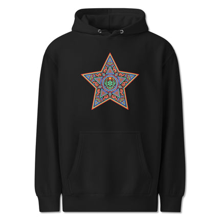Vibrant geometric Huichol Star pattern pullover fleece hoodie featuring indigenous art.
