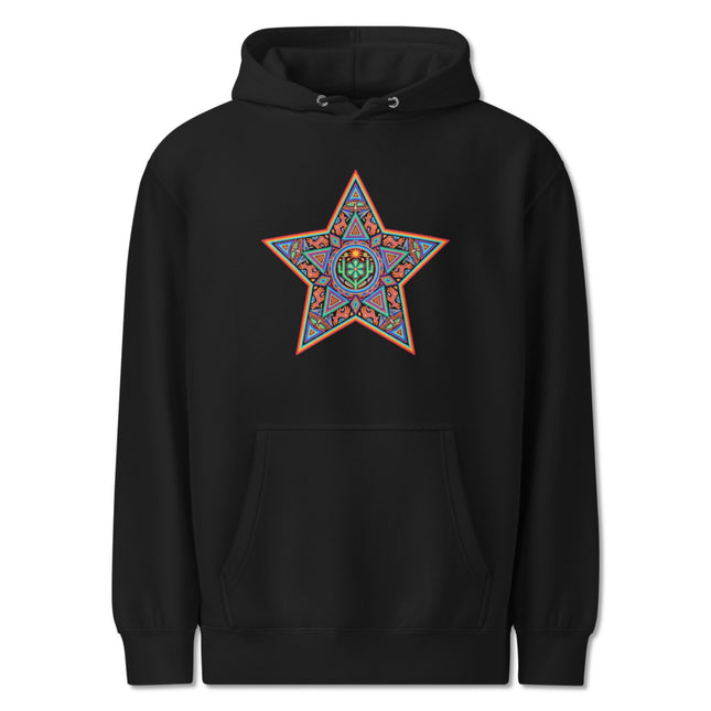 Huichol Star Hoodie | Vibrant Geometric Indigenous Art Pullover Fleece
