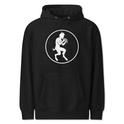 Satyr flute player graphic print on a unisex pullover hoodie sweatshirt.