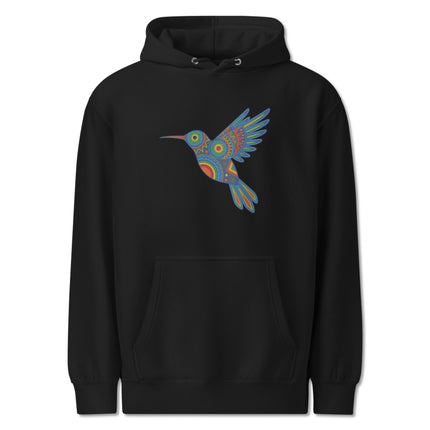 Vibrant Huichol hummingbird graphic print on an indigenous art pullover hoodie.