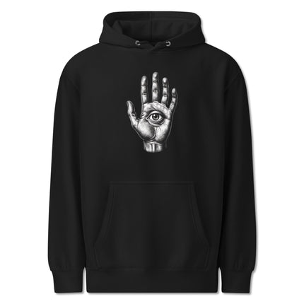 All Seeing Eye Palm Graphic Hoodie pullover featuring mystic eye artwork print.