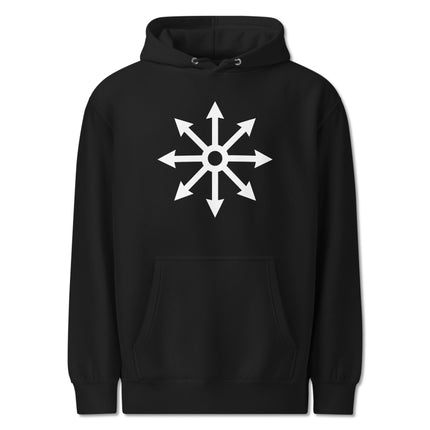 Symbolic 8-arrow Chaos Star pullover fleece hoodie for unisex wear.