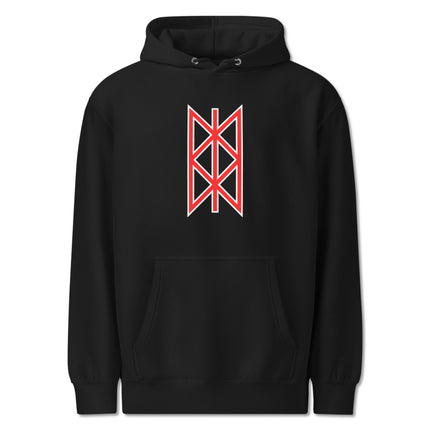 Red unisex pullover hoodie featuring a detailed Norse Web of Wyrd Viking graphic print.