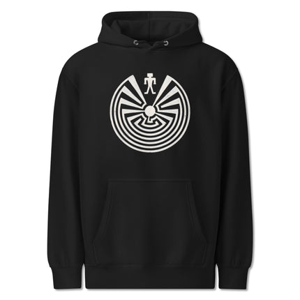 Pullover hoodie featuring a Native American Man in the Maze Tohono O'odham symbol design.
