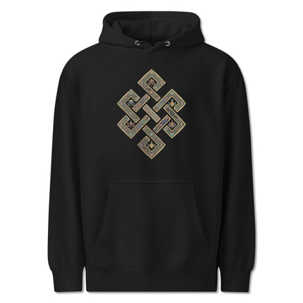 Endless Knot Buddhist symbol graphic printed on a comfortable unisex pullover hoodie.