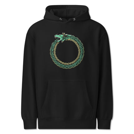Norse Ouroboros dragon symbol hoodie featuring Viking infinity serpent design print.