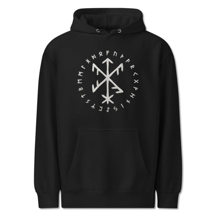 Black Success Bind Rune hoodie featuring Elder Futhark Norse Viking symbols design.