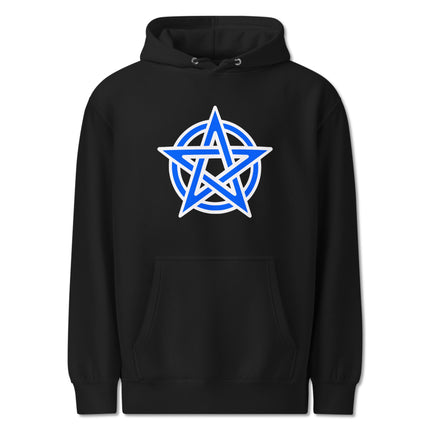 Blue graphic pullover hoodie featuring a pentagram and pagan pentacle design.