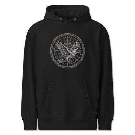 Norse flying raven graphic print hoodie featuring detailed viking mythology art.