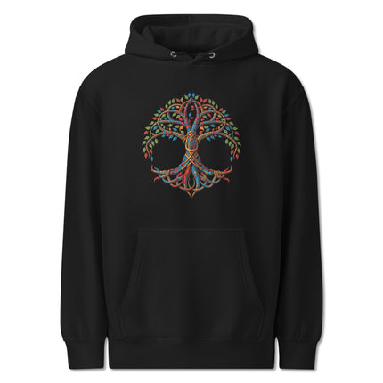 Vibrant Celtic Tree of Life design printed on a unisex pullover hoodie featuring Yggdrasil knotwork.