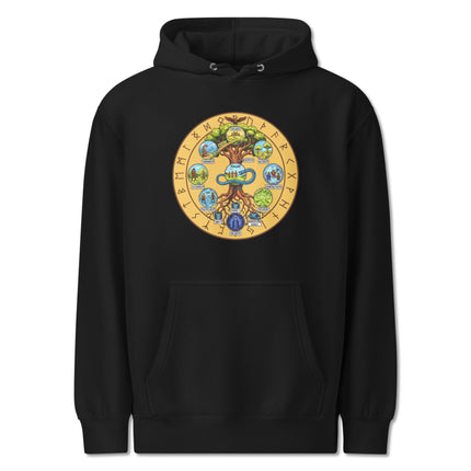 Norse Yggdrasil World Tree hoodie featuring nine realms, runes, and mythology design print.