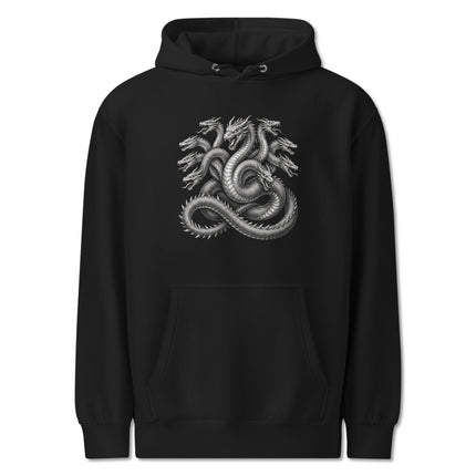 Hydra Greek Mythology multi-headed serpent design on unisex pullover hoodie.
