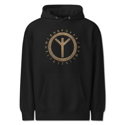 Viking Algiz Rune circle hoodie featuring Norse Elder Futhark protection symbols.