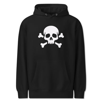 Skull and crossbones pirate Jolly Roger graphic printed on unisex fleece hoodie.