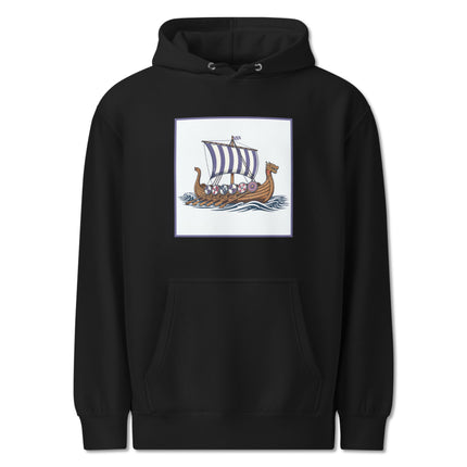 Viking longship hoodie featuring Norse ship design, striped sail, and shields graphic print.