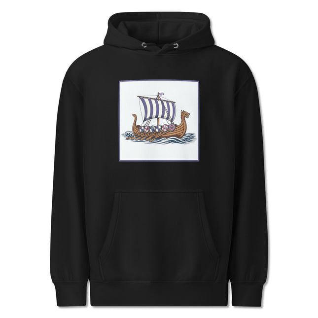 Viking Longship Hoodie | Norse Ship, Striped Sail & Shields Unisex Pullover