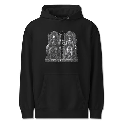 Hades and Persephone underworld king queen throne design on a Greek mythology hoodie print.