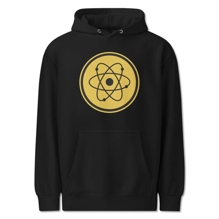 Physics geek pullover hoodie displaying an atomic structure diagram and symbol.