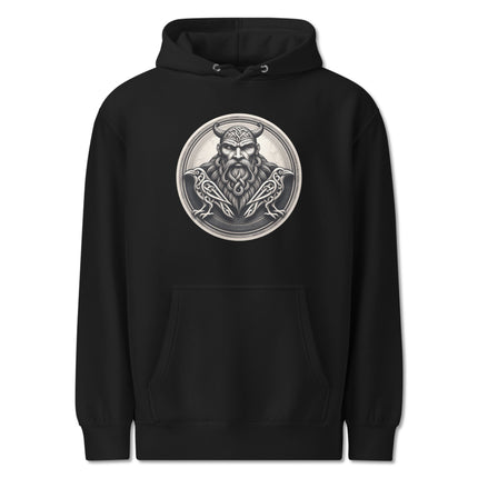 Viking Odin raven graphic pullover hoodie featuring Norse mythology print for men and women.