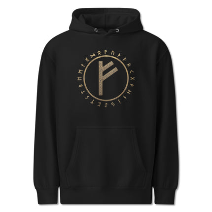 Fehu Rune circle graphic on black pullover hoodie, featuring the Elder Futhark Norse Viking symbol.