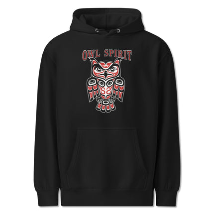 Red and black Owl Spirit hoodie featuring Indigenous Pacific Northwest tribal artwork.