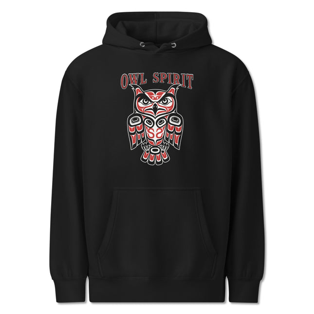 "OWL SPIRIT" Red & Black Indigenous Owl Hoodie | Pacific Northwest Art Hoodie