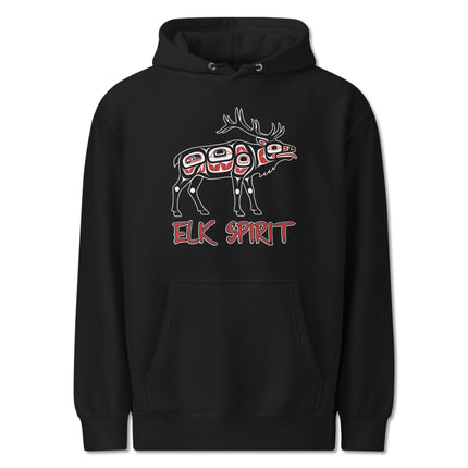 Elk spirit tribal wildlife graphic printed on a pullover hoodie featuring Native American art.