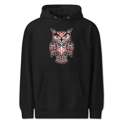 Indigenous Northwest Coast owl formline art graphic pullover fleece hoodie.