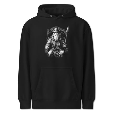 Odin Allfather Norse mythology hoodie print featuring ravens and a spear graphic design.