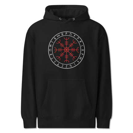 Viking runes graphic hoodie featuring the Aegishjalmur Helm of Awe Norse design.