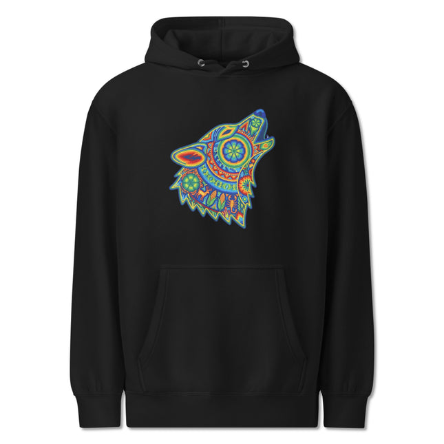 Huichol Wolf Howling Hoodie | Colorful Tribal Art Mexican Folk Pullover Hoodie