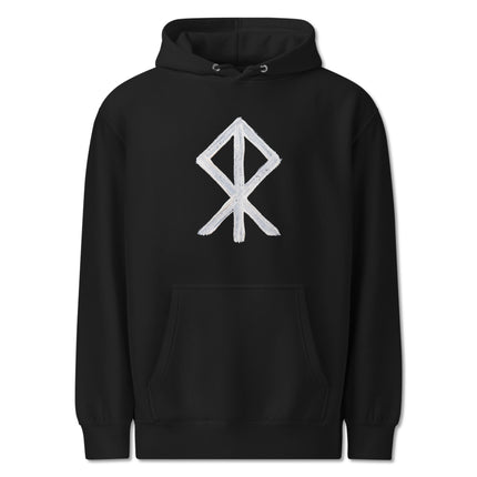 Black pullover hoodie featuring a Norse Viking rune symbol, representing courage bind warrior mythology.