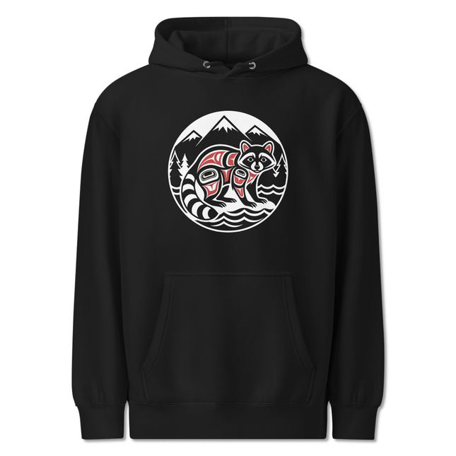 Raccoon Indigenous Art Hoodie | PNW Mountains Forest Wildlife Pullover Hoodie